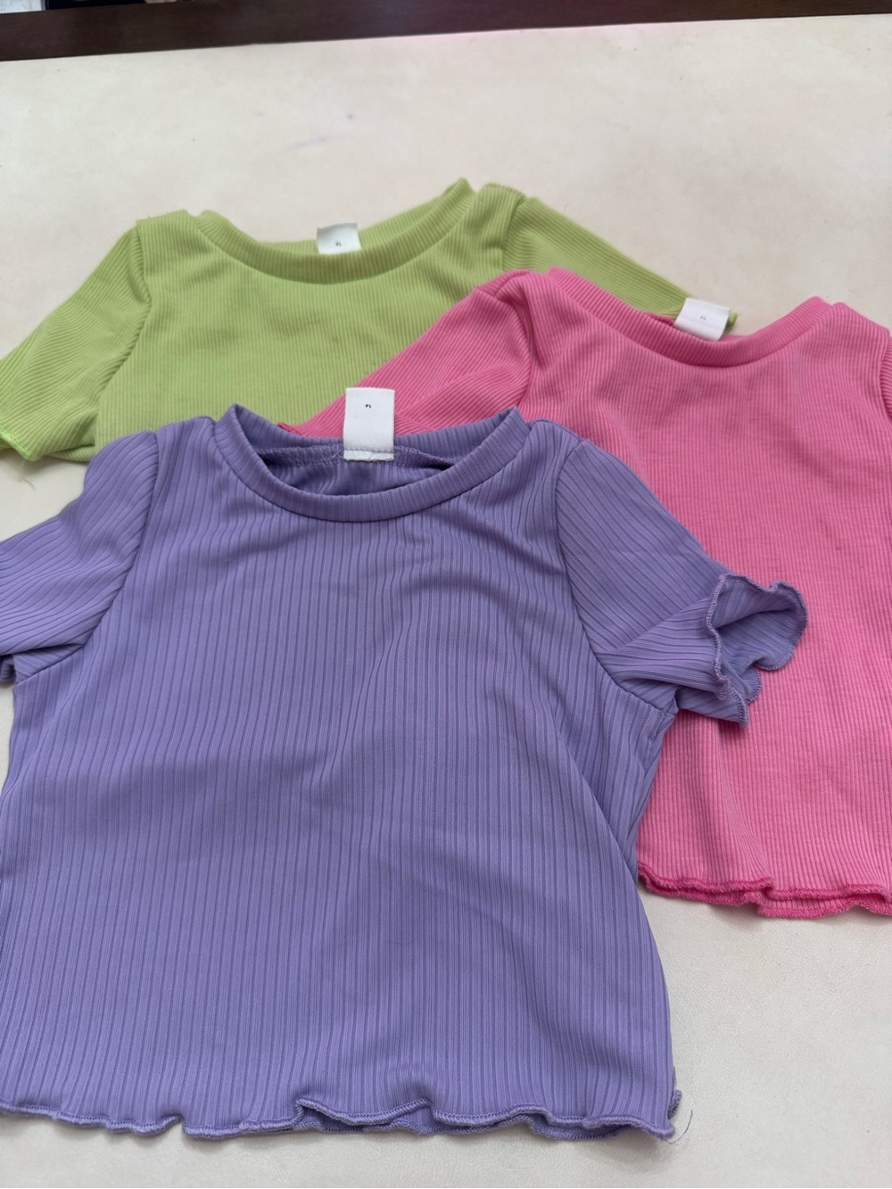 SHEIN Kids Ribbed Short Sleeve Tops - Purple, Pink & Lime